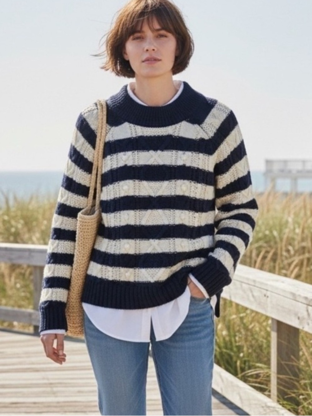 J.Crew Pom Pom Cable Knit Sweater Women's Size M Coastal Grandmother